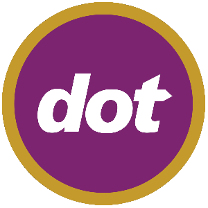purple circle with gold ring around it and white letters spelling 'dot' inside for dot logo