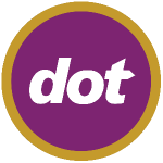purple circle with gold ring around it and white letters spelling 'dot' inside for dot logo