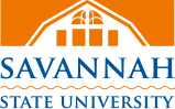 white and orange logo with blue letters for Savannah State University